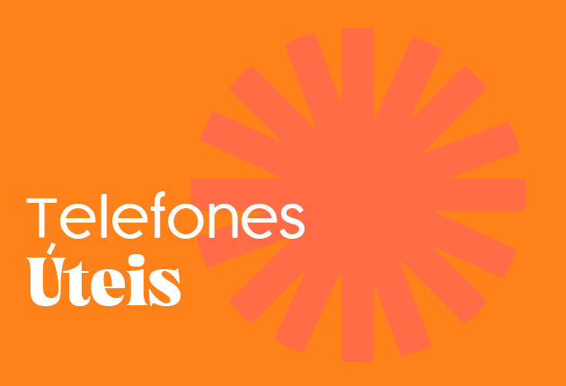 Imagem com o fundo laranja e o texto "Telefones úteis"